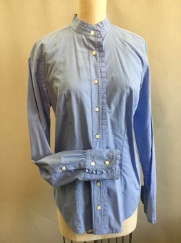 J CREW, Lt Blue, Cotton, Solid, Long Sleeves, Button Front, Pleated Trim Collar Band, Center Front and Cuffs