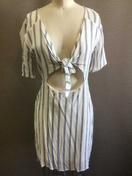 Womens, Dress, Short Sleeve, L.A. HEARTS, White, Navy Blue, Rayon, Stripes - Vertical , S, White with Navy Vertical Striped Gauze, Short Sleeves, Deep V Neck with Self Knotted Ties, Cutout at Midriff, Hem Above Knee