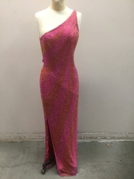 Womens, Evening Gown, JE MATADI, Fuchsia Pink, Yellow, Clear, Silk, Beaded, Solid, 6, Fuchsia Pink Silk Covered in Yellow, Clear and Pink Seed Beads in Diagonal Wavy Stripes, Sleeveless with Asymmetric Strap, Strap Detail at Side Waist, Floor Length Hem, Slits at Both Side Seams