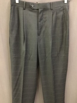 Mens, Suit, Pants, CARAVELLI, Charcoal Gray, Gray, Wool, Grid , 31, 32, Double Pleats, Button Tab, 4 Pockets,