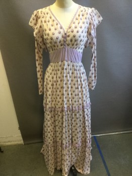 ERIC WINTERLING INC, Blush Pink, Lavender Purple, Lilac Purple, Cotton, Floral, Blush with Self Stripe, Lavender Floral Print, Waist Lilac Inset, Sweetheart Neck with Lace and Lilac Trim, 5 Covered Buttons at Bust, Long Sleeves with Butterfly Ruffle,  Tiers, Long, ( Could Be Also Used As 70's Gunny Sak Style Dress)
