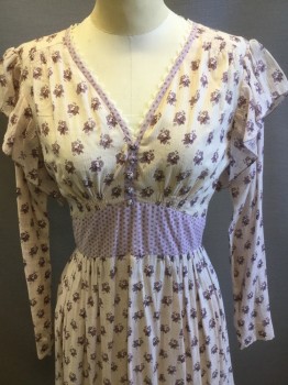 ERIC WINTERLING INC, Blush Pink, Lavender Purple, Lilac Purple, Cotton, Floral, Blush with Self Stripe, Lavender Floral Print, Waist Lilac Inset, Sweetheart Neck with Lace and Lilac Trim, 5 Covered Buttons at Bust, Long Sleeves with Butterfly Ruffle,  Tiers, Long, ( Could Be Also Used As 70's Gunny Sak Style Dress)