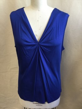 Womens, Top, CLASSIQUES ENTIER, Royal Blue, Viscose, Spandex, Solid, XL, V-neck, with Gathered Bow-like at Cleavage, Sleeveless,