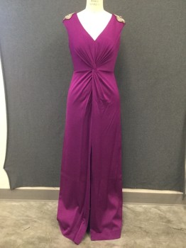 Womens, Evening Gown, AIDEN MATTOX, Magenta Purple, Acetate, Polyester, Solid, 6, Center Front Waist Knot, Sleeveless, V-neck, Zip Back, Rhinestone/Beaded Floral Appliqués on Shoulders, Floor Length, Center Front Slit