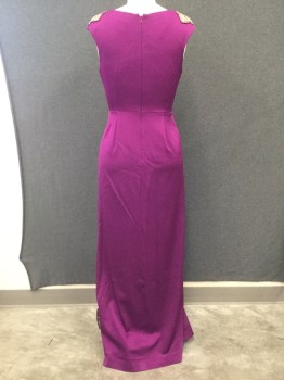 Womens, Evening Gown, AIDEN MATTOX, Magenta Purple, Acetate, Polyester, Solid, 6, Center Front Waist Knot, Sleeveless, V-neck, Zip Back, Rhinestone/Beaded Floral Appliqués on Shoulders, Floor Length, Center Front Slit