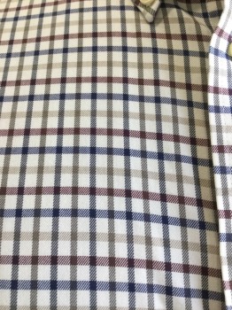 ROUND TREE YORK, White, Navy Blue, Red Burgundy, Beige, Cotton, Plaid - Tattersall, Button Down Collar, Button Front, Long Sleeves, Chest Pocket