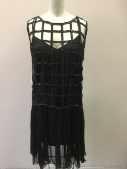FREE PEOPLE, Black, Viscose, Sequins, Solid, Sleeveless Sequined Cage Grid Top with Gathered Chiffon Skirt, Flapper-style, Adjustable Spaghetti Strap Solid Black Slip, Hem Above Knee