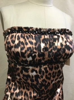 Womens, Evening Gown, FREDRICK'S OF H.W., Black, Brown, Cream, Polyester, Rhinestones, Animal Print, 38B, Strapless, Side Zipper, Gathered Bust, Elastic Waist, Rouched Sides