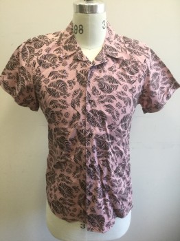 THE KOOPLES, Lt Pink, Black, Cotton, Abstract , Light Pink with Abstract Black Wavy Stripes in Clusters, Short Sleeve Button Front, Collar Attached, Slim Fit, Folded Cuffs
