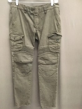 Mens, Casual Pants, UGLY BROS, Gray, Cotton, Solid, 34/31, Motor Cross Pants, Cargo Pockets, Knee Pockets for Pads, Gathered Texture Detail, Slit Pockets