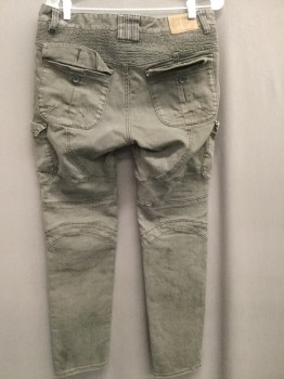 Mens, Casual Pants, UGLY BROS, Gray, Cotton, Solid, 34/31, Motor Cross Pants, Cargo Pockets, Knee Pockets for Pads, Gathered Texture Detail, Slit Pockets