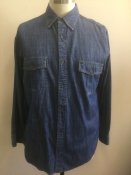 ST.JOHN'S BAY, Denim Blue, Cotton, Solid, Chambray, Long Sleeve Button Front, Collar Attached, 2 Patch Pockets with Button Flap Closures