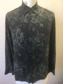 PERRY ELLIS, Black, Gray, Silk, Floral, Black with Gray Oversized Roses Pattern, Long Sleeve Button Front, Collar Attached