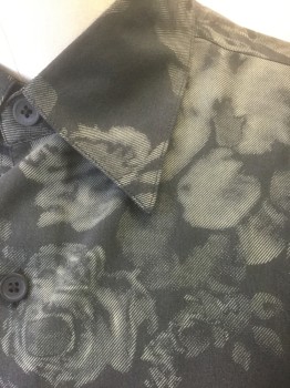 PERRY ELLIS, Black, Gray, Silk, Floral, Black with Gray Oversized Roses Pattern, Long Sleeve Button Front, Collar Attached