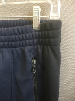 Mens, Sweatsuit Pants, RAG & BONE, Navy Blue, Black, Poly/Cotton, L, Elastic Waist, Black 1.5" Wide Stripe at Outseam, Zip Fly, 4 Pockets (2 Front Pockets are Zip Pockets), Pin Tuck at Center of Each Leg