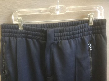 Mens, Sweatsuit Pants, RAG & BONE, Navy Blue, Black, Poly/Cotton, L, Elastic Waist, Black 1.5" Wide Stripe at Outseam, Zip Fly, 4 Pockets (2 Front Pockets are Zip Pockets), Pin Tuck at Center of Each Leg
