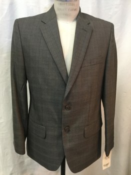 HAGGAR, Brown, Black, Polyester, Viscose, Plaid, Notched Lapel, Collar Attached, 2 Buttons,  3 Pockets,