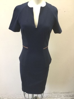 Womens, Dress, Short Sleeve, TED BAKER, Navy Blue, Viscose, Polyester, Solid, W:25, B:32, Sz. 1, Double Knit Jersey, Short Sleeves, Round Neck with V Shape Notch at Center, Princess Seams, Peplum Waist with Rose Gold Zipper Detail at Waist, Knee Length, Rose Gold Zipper Closure in Back From Center Back Neck to Hem