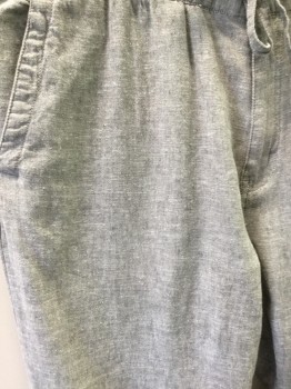 Womens, Casual Pants, BROLETTO, Lt Gray, Linen, Cotton, Heathered, M, Drawstring Elastic Waistband, Zip Fly, 4 Pockets