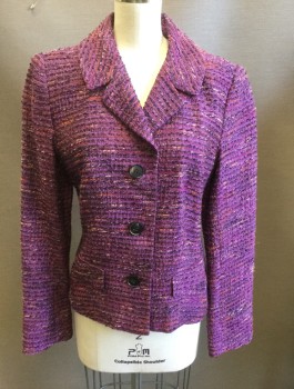 Womens, Blazer, LAFAYETTE 148, Purple, Iridescent Purple, Terracotta Brown, Magenta Pink, Acrylic, Wool, Speckled, Stripes - Horizontal , Sz.4, Textured Horizontally Ribbed Boucle, Single Breasted, 3 Buttons, Rounded Notch Collar, Padded Shoulders, Fitted, 2 Pockets, Solid Purple Lining, High End/Pricey