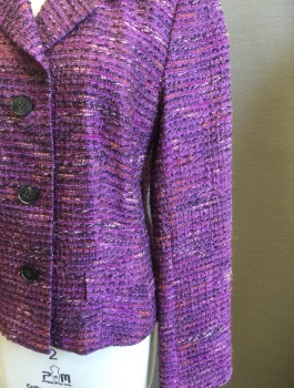 Womens, Blazer, LAFAYETTE 148, Purple, Iridescent Purple, Terracotta Brown, Magenta Pink, Acrylic, Wool, Speckled, Stripes - Horizontal , Sz.4, Textured Horizontally Ribbed Boucle, Single Breasted, 3 Buttons, Rounded Notch Collar, Padded Shoulders, Fitted, 2 Pockets, Solid Purple Lining, High End/Pricey