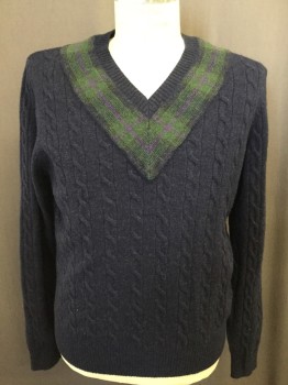 BROOKS BROTHERS, Navy Blue, Gray, Magenta Pink, Wool, Solid, Plaid, V-neck with Plaid Knit Around Neck and V-neck, Cable Knit