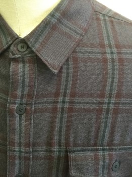PAIGE, Dk Gray, Red Burgundy, Charcoal Gray, Cotton, Rayon, Plaid-  Windowpane, Flannel, Long Sleeve Button Front, Collar Attached, 2 Patch Pockets with Button Flap Closures