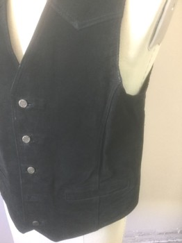 Mens, Leather Vest, PELLE CUIR, Black, Suede, Solid, XL, Western Style Yoke, 5 Metal Embossed Buttons, 2 Welt Pockets, Nylon Lining and Back, Belted Back, **Missing 1 Button