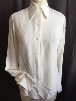 N/L, Cream, Polyester, Viscose, Solid, Collar Attached, Button Front, Long Sleeves, Tiny Zigzag Raw Hem