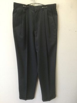 SLATES, Dk Gray, Polyester, Wool, Solid, Double Pleated, Zip Fly, 4 Pockets, Relaxed Leg, Cuffed Hems