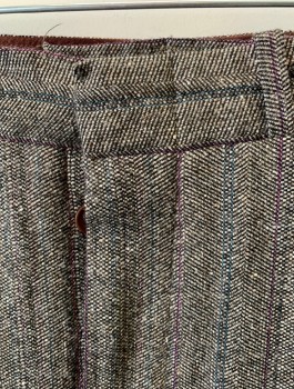 SIAM COSTUMES, Brown, Beige, Teal Blue, Magenta Pink, Wool, Herringbone, Stripes - Pin, Flat Front, Button Fly, Belt Loops, 4 Pockets, Made To Order