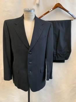HART SCHAFFNER MARX, Charcoal Gray, Lt Brown, Wool, Stripes - Pin, Charcoal with Light Brown Pin Stripes, Single Breasted, Collar Attached, Notched Wide Lapel, 3 Buttons,  3 Pockets