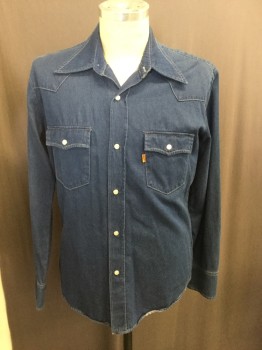 Mens, Western, LEVI'S, Denim Blue, Cotton, Solid, M, Snap Front, Long Sleeves, Collar Attached, Orange Top Stitch