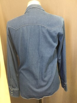 LEVI'S, Denim Blue, Cotton, Solid, Snap Front, Long Sleeves, Collar Attached, Orange Top Stitch