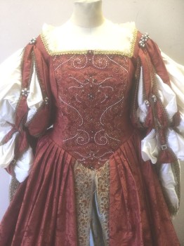 Womens, Historical Fiction Dress, ZOYA, Brick Red, Off White, Lt Blue, Gold, Polyester, Solid, Floral, W:28, B:34, Floral Brocade, Square Neck, Long Sleeves, with Slashing Detail, Off White Fabric Under-Sleeve, Light Blue Taffeta "Underskirt"  Attached with Floral Embroidery, Tiny Green Jewels and Pearl Beads on Bodice, Renaissance Reproduction Costume