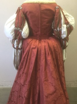 Womens, Historical Fiction Dress, ZOYA, Brick Red, Off White, Lt Blue, Gold, Polyester, Solid, Floral, W:28, B:34, Floral Brocade, Square Neck, Long Sleeves, with Slashing Detail, Off White Fabric Under-Sleeve, Light Blue Taffeta "Underskirt"  Attached with Floral Embroidery, Tiny Green Jewels and Pearl Beads on Bodice, Renaissance Reproduction Costume