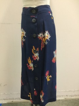 Womens, Skirt, Knee Length, MADEWELL, Navy Blue, Lt Gray, Sunflower Yellow, Red, Burnt Orange, Silk, Floral, W24, 0, H32, Side Buttons, Abstract