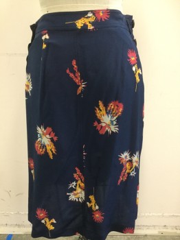 Womens, Skirt, Knee Length, MADEWELL, Navy Blue, Lt Gray, Sunflower Yellow, Red, Burnt Orange, Silk, Floral, W24, 0, H32, Side Buttons, Abstract