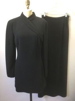 GIORGIO ARMANI, Black, Silk, Solid, Finely Ribbed Crepe, Long Sleeve Tunic, Shawl Like Wrapped Detail at Neckline, Darts at Bust, Invisible Zipper at Center Back, Minimalist Aesthetic