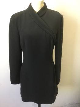 GIORGIO ARMANI, Black, Silk, Solid, Finely Ribbed Crepe, Long Sleeve Tunic, Shawl Like Wrapped Detail at Neckline, Darts at Bust, Invisible Zipper at Center Back, Minimalist Aesthetic