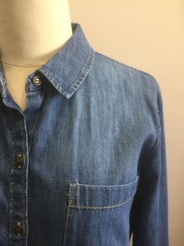 Womens, Dress, Long & 3/4 Sleeve, CASLON, Denim Blue, Cotton, Solid, L, Long Sleeve Button Front Shirt Dress, Collar Attached, Hem Mid-calf, 2 Patch Pockets at Chest and 2 Pockets at Hips with Circular Stitching