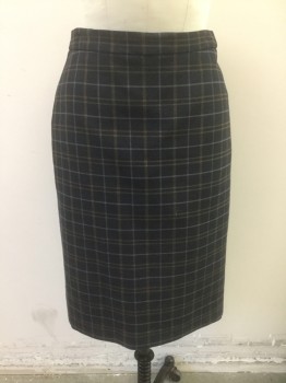 LATR, Navy Blue, Brown, Gray, Cotton, Polyester, Plaid-  Windowpane, Dark Navy with Brown and Gray Windowpane, Pencil Skirt, 1" Wide Self Waistband, Hem Just Below Knee, Invisible Zipper at Center Back, Vent at Center Back Hem