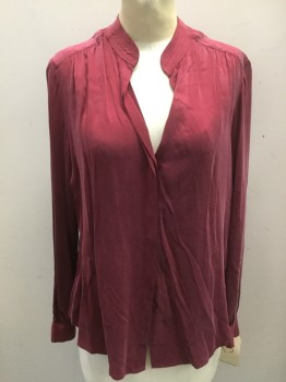 L'AGENCE, Cranberry Red, Silk, Solid, Button Front with Concealed Button Placket, Stitched Band Collar, Long Sleeves,
