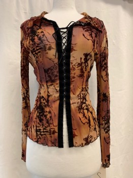 NO LABEL, Brown, Red, Tan Brown, Black, Synthetic, Elastane, Abstract , Sheer Net, Brown & Red Velvet Abstract Print, Black Lace Up Center Front with Hook Detail, Long Sleeves, Collar Attached, 1990's
