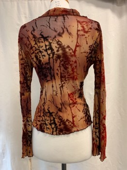 NO LABEL, Brown, Red, Tan Brown, Black, Synthetic, Elastane, Abstract , Sheer Net, Brown & Red Velvet Abstract Print, Black Lace Up Center Front with Hook Detail, Long Sleeves, Collar Attached, 1990's