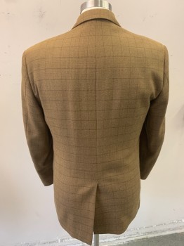 JOHN NORDSTROM, Ochre Brown-Yellow, Chocolate Brown, Olive Green, Wool, Plaid-  Windowpane, Button Front, 2 Buttons, 3 Pockets, 3 Button Sleeves, Notched Lapel, Single Vent
