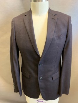 THEORY, Charcoal Gray, Dk Purple, Wool, Grid , Single Breasted, Thin Notched Lapel, 2 Buttons, 3 Pockets, Black Lining