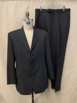 KENNETH COLE, Gray, White, Wool, Stripes - Pin, SUIT JACKET, Single Breasted, 3 Buttons, 3 Pockets, 4 Button Cuff
