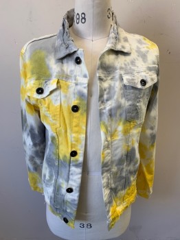 Mens, Jean Jacket, MARIANO, Off White, Lt Gray, Butter Yellow, Cotton, Elastane, Tie-dye, M, Long Sleeves, Button Front, 5 Buttons, 2 Chest Pockets with Flaps and Buttons, 2 Side Pockets, Button Cuffs, Distressed