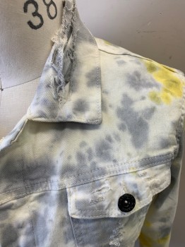 Mens, Jean Jacket, MARIANO, Off White, Lt Gray, Butter Yellow, Cotton, Elastane, Tie-dye, M, Long Sleeves, Button Front, 5 Buttons, 2 Chest Pockets with Flaps and Buttons, 2 Side Pockets, Button Cuffs, Distressed
